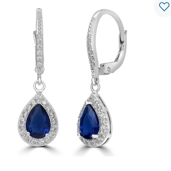 NWT Silverworks Teardrop shaped silver dark blue cubic zirconia stone earrings - Picture 1 of 7
